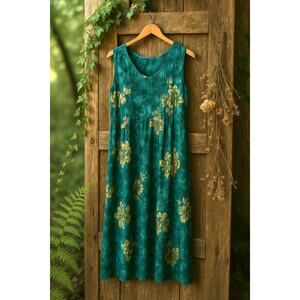 Young Fashion Womens Sleeveless Rayon Maxi Dress M Teal Floral Boho Handmade